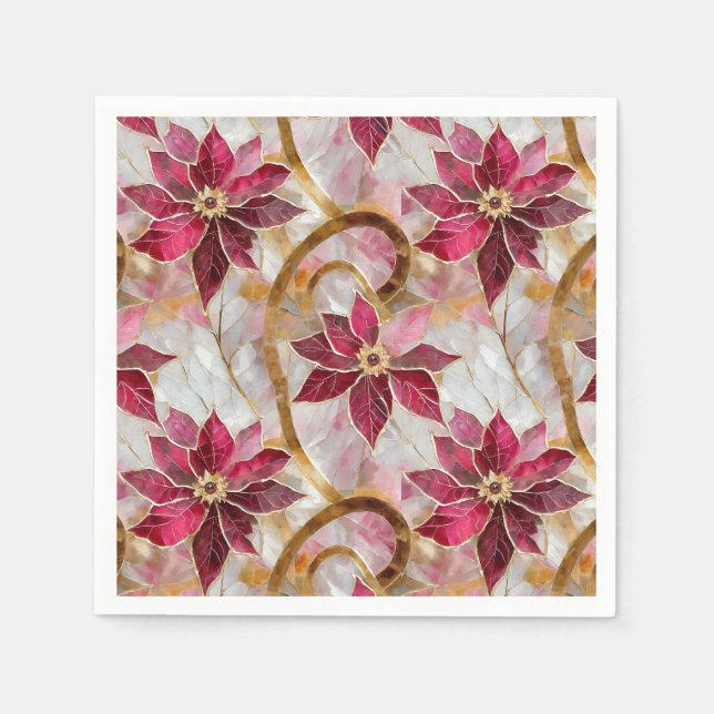 Gold Swirls Burgundy Pink Christmas Poinsettias Napkin (Front)