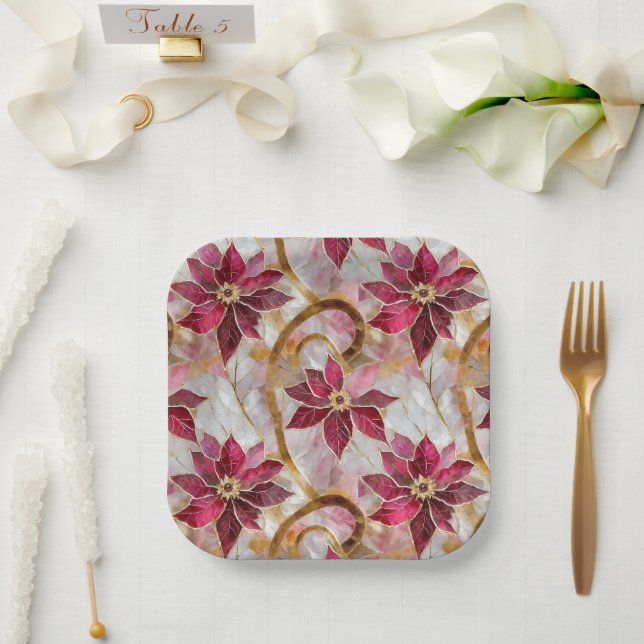 Gold Swirls Burgundy Pink Christmas Poinsettias Paper Plate (Wedding)