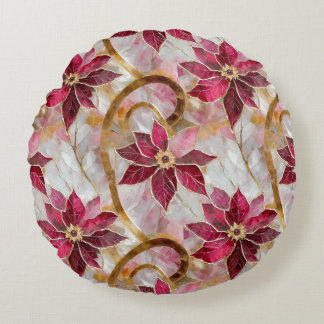 Gold Swirls Burgundy Pink Christmas Poinsettias Round Pillow