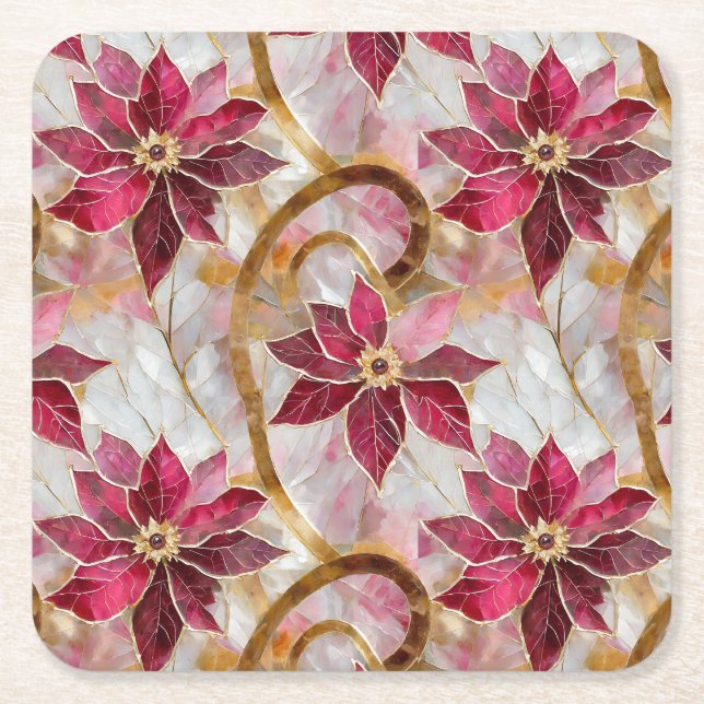 Gold Swirls Burgundy Pink Christmas Poinsettias Square Paper Coaster (Front)