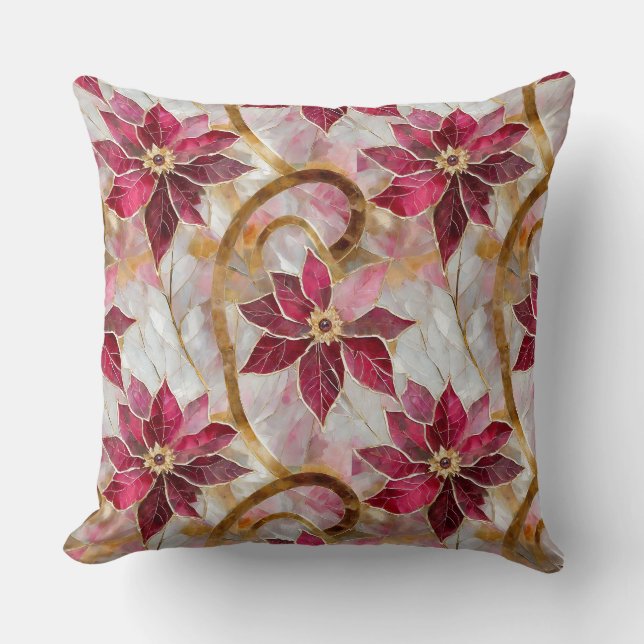 Gold Swirls Burgundy Pink Christmas Poinsettias Throw Pillow (Front)