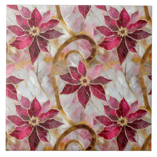 Gold Swirls Burgundy Pink Christmas Poinsettias Tile