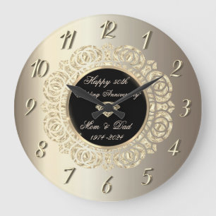 Gold Swirls Champagne 50th Wedding Anniversary Large Clock
