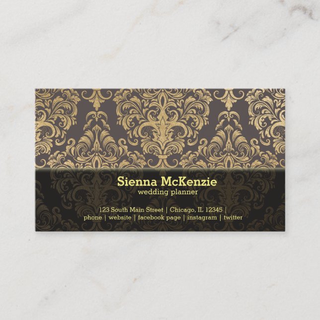 Gold swirls damask wedding planner business card (Front)