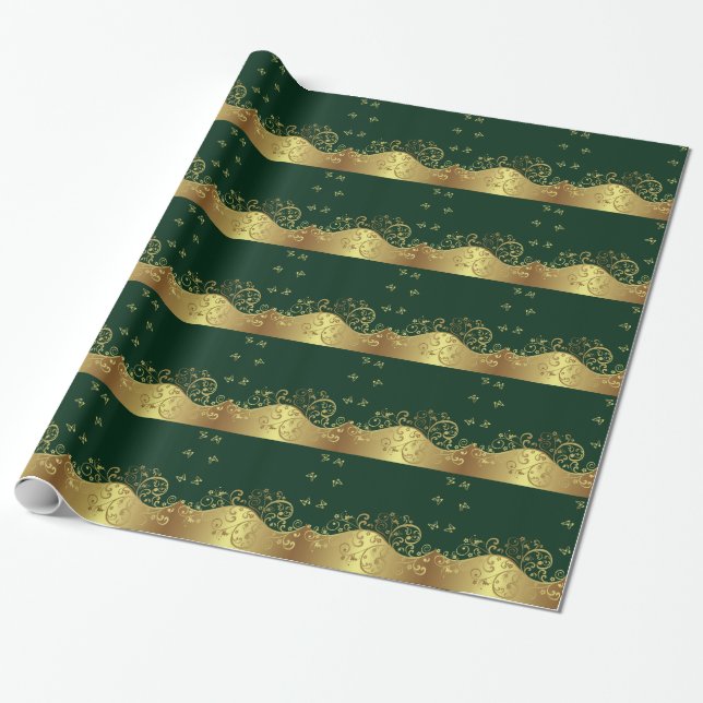 Gold Swirls & Dark Green Wrapping Paper (Unrolled)