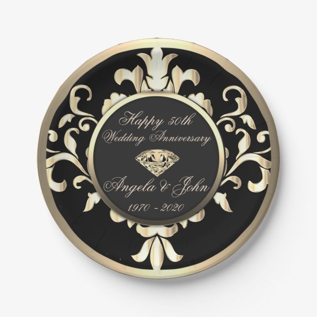 Gold Swirls Diamond 50th Wedding Anniversar Paper Plate (Front)