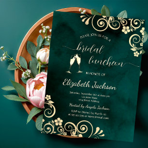 Gold Swirls Emerald Green Wedding Invitation