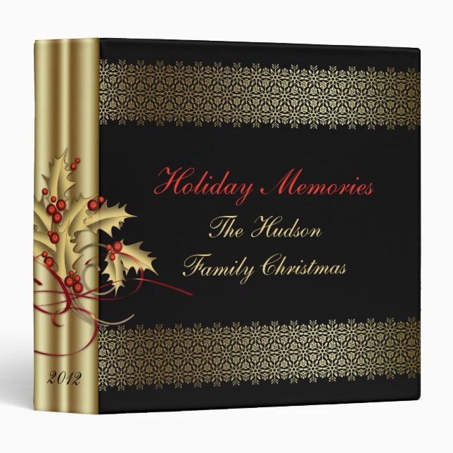 Gold Swirls Holly Red Berries Black Christmas Binder (Front/Spine)