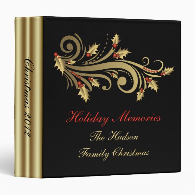 Gold Swirls Holly Red Berries Black Christmas Binder (Front/Spine)