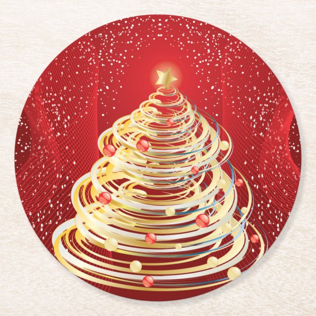 Gold Swirls Modern Art Christmas Tree Round Paper Coaster (Front)
