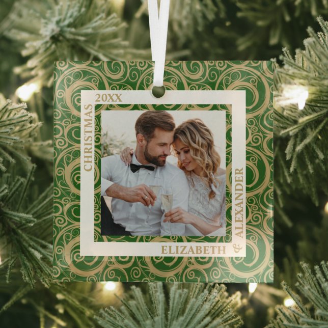 Gold Swirls Photo Green Glass Ornament (Insitu)