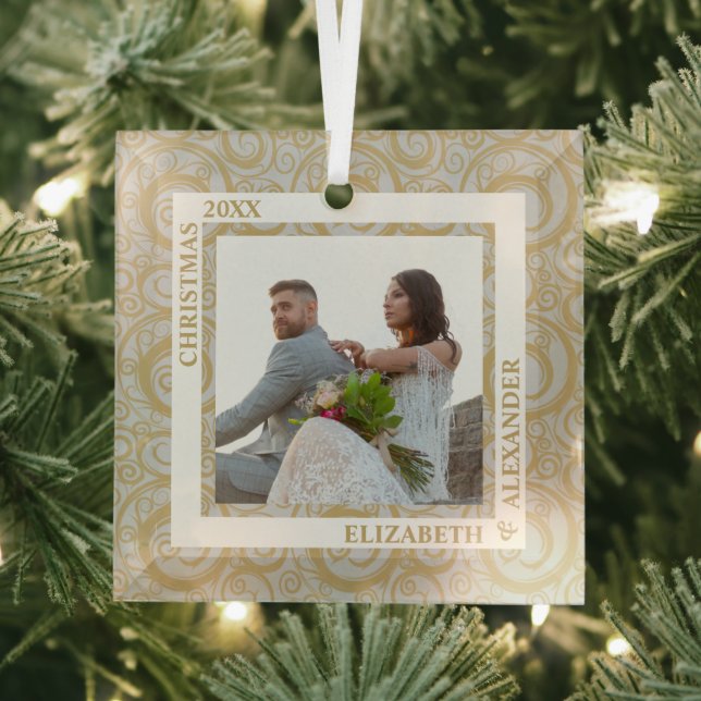 Gold Swirls Photo Grey Glass Ornament (Insitu)