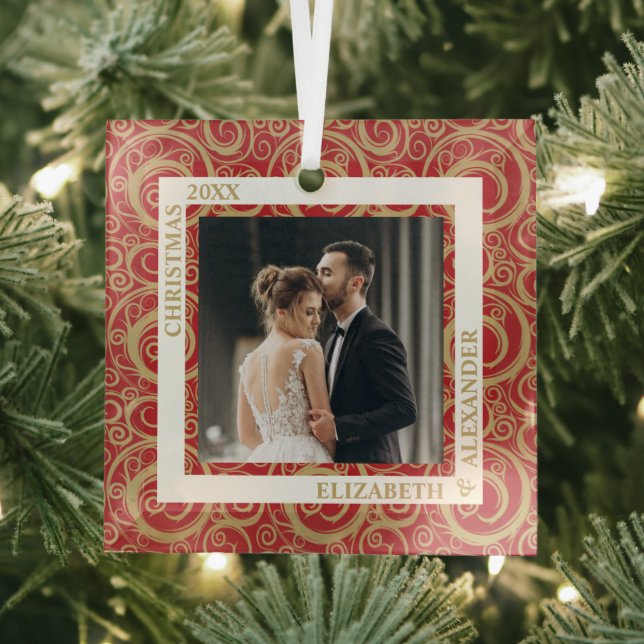 Gold Swirls Photo Red Glass Ornament (Insitu)