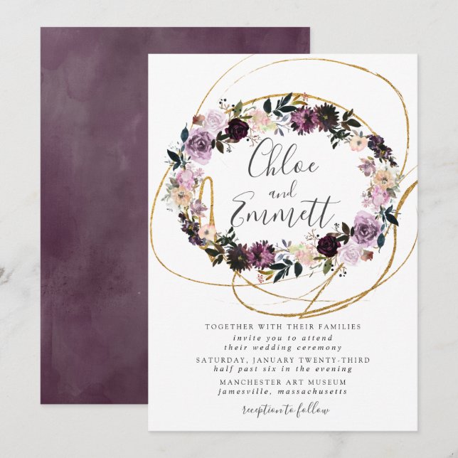 Gold  Swirls Purple Pink Floral Wedding Invitation (Front/Back)
