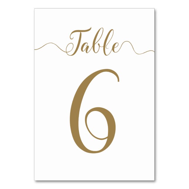 Gold Table Number 6 of 30 Wedding table Cards (Front)