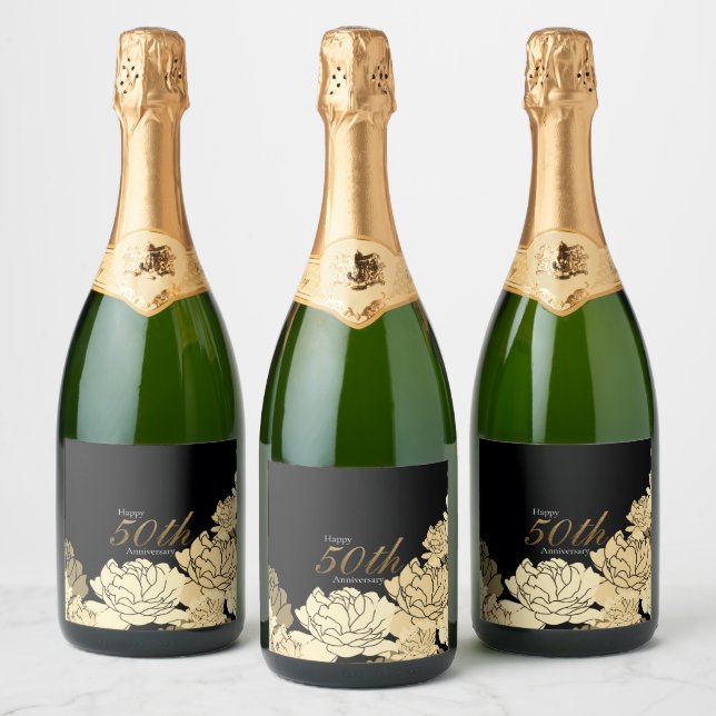 Gold, tan and beige 50th anniversary rose pattern  sparkling wine label (Bottles)