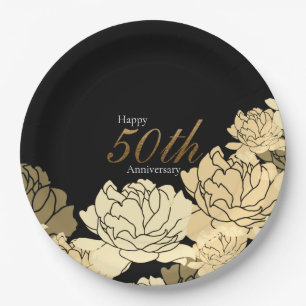 Gold, tan and beige 50th anniversary rose print pa paper plate