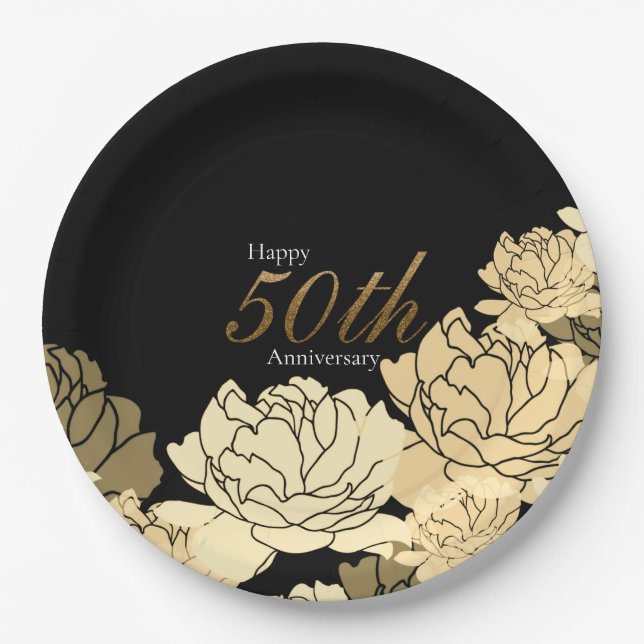 Gold, tan and beige 50th anniversary rose print paper plate (Front)