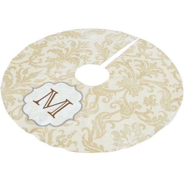 Gold Tan Damask Lace Monogram Initial Tree Skirt (Angled)