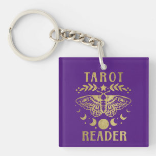Gold Tarot Reader Moon Phase Moth Stars Keychain