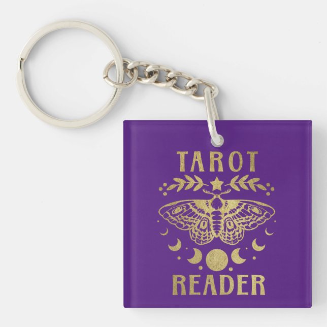 Gold Tarot Reader Moon Phase Moth Stars Keychain (Front)