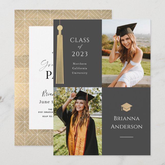 Gold Tassel & Cap 2 Photo Graduation Grey Invitation (Front/Back)