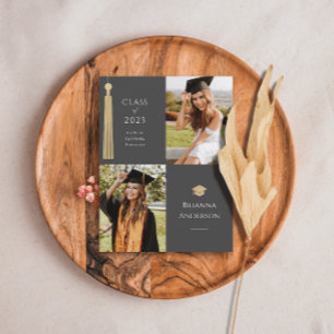 Gold Tassel & Cap 2 Photo Grey Graduation Announcement Postcard