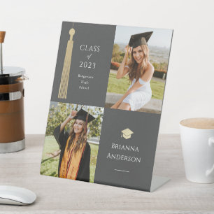 Gold Tassel & Cap Black 2 Photo Graduation Pedestal Sign