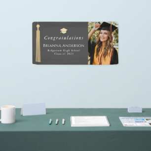 Gold Tassel & Cap Grey Graduation Party Photo Banner