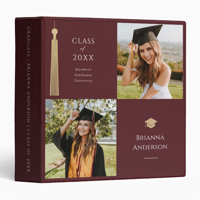 Gold Tassel Cap Photo Collage Burgundy Graduation Binder (Front/Spine)