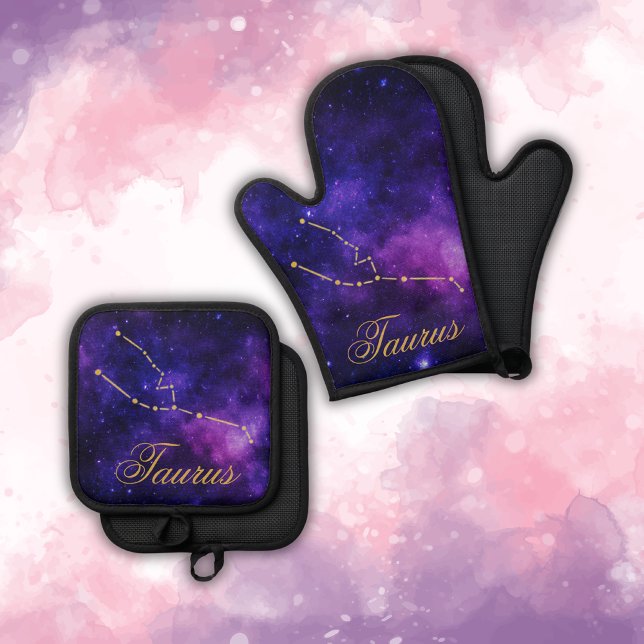 Gold Taurus Constellation on Dark Galaxy | Oven Mitt & Pot Holder Set (Creator Uploaded)