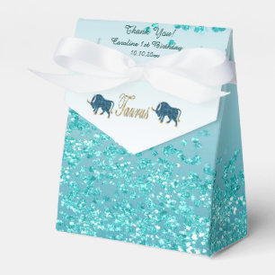 Gold Taurus & Teal Blue Glitter Birthday Favor Box