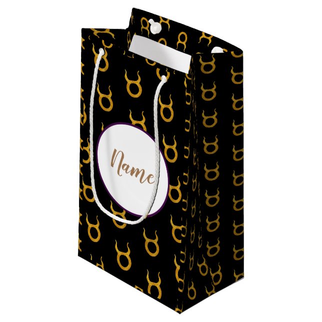 Gold Taurus Zodiac Astrology Sign Personalized Small Gift Bag (Front Angled)