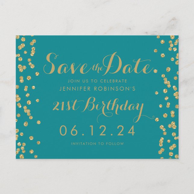 Gold Teal 21st Birthday Save The Date Confetti Announcement Postcard (Front)