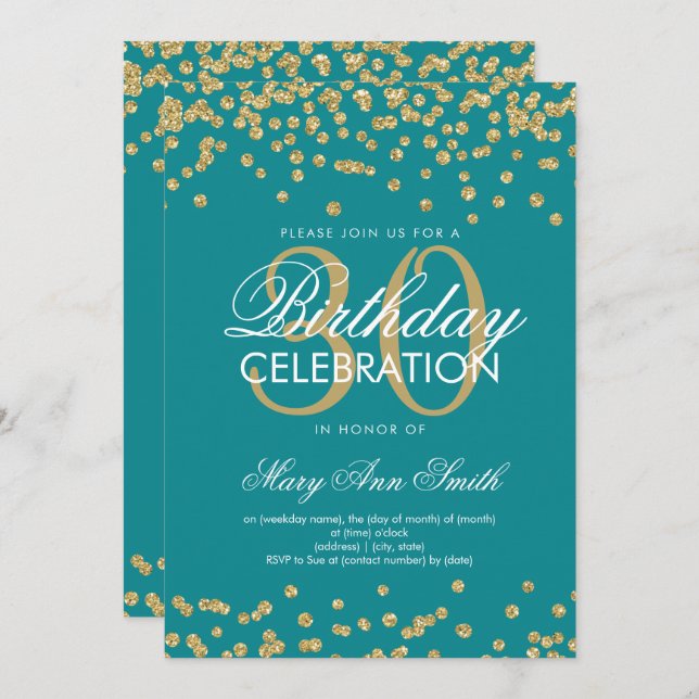Gold Teal 30th Birthday Glitter Confetti Invitation (Front/Back)