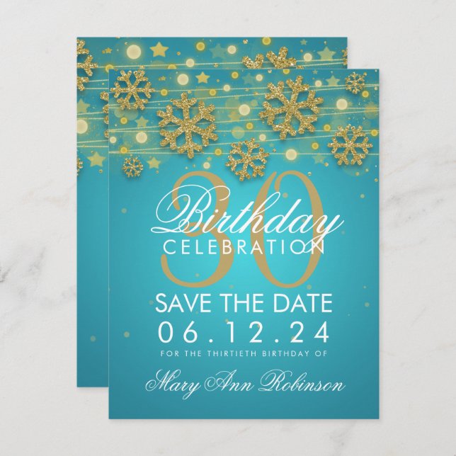 Gold Teal 30th Birthday Save Date Winter Invitation (Front/Back)