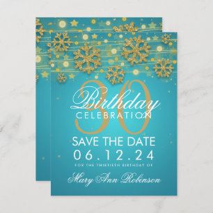 Gold Teal 30th Birthday Save Date Winter Invitation