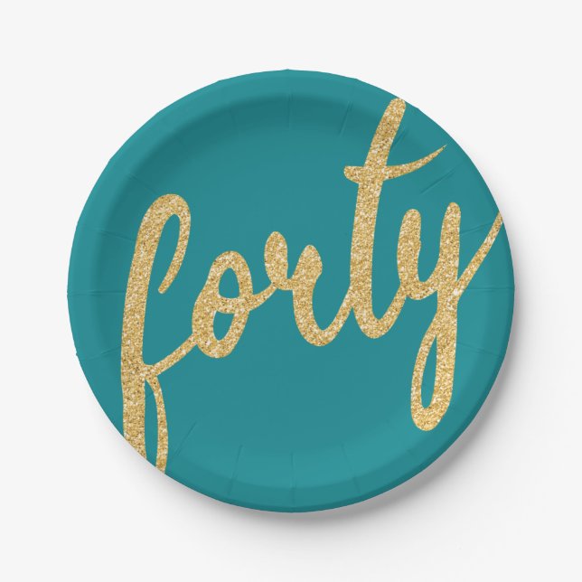 Gold Teal 40 Birthday Party Glitter "Forty" Paper Plate (Front)