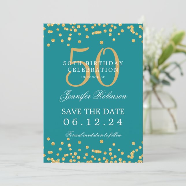 Gold Teal 50th Birthday Save the Date Details Invitation (Standing Front)