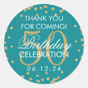 Gold Teal 50th Birthday Thank You Glitter Confetti Classic Round Sticker