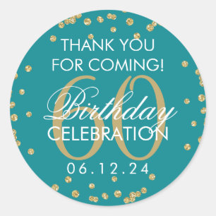 Gold Teal 60th Birthday Thank You Glitter Confetti Classic Round Sticker
