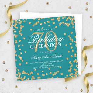 Gold Teal 70th Birthday Glitter Confetti Invitation