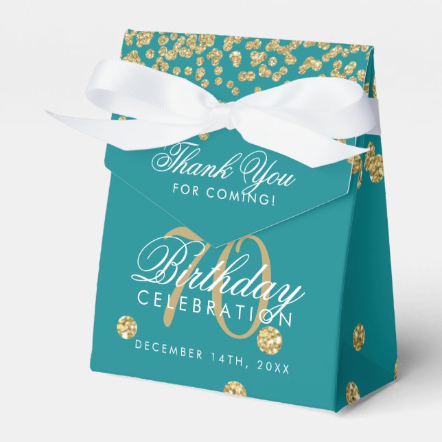 Gold Teal 70th Birthday Thank You Confetti Favor Box (Front Side)