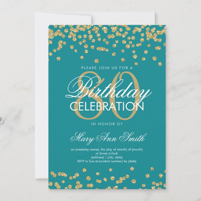 Gold Teal 80th Birthday Party Glitter Confetti Invitation (Front)