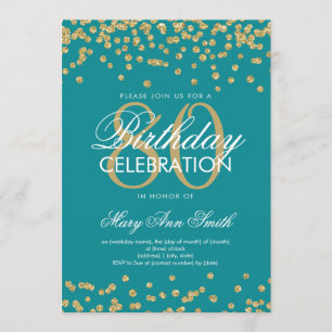 Gold Teal 80th Birthday Party Glitter Confetti Invitation