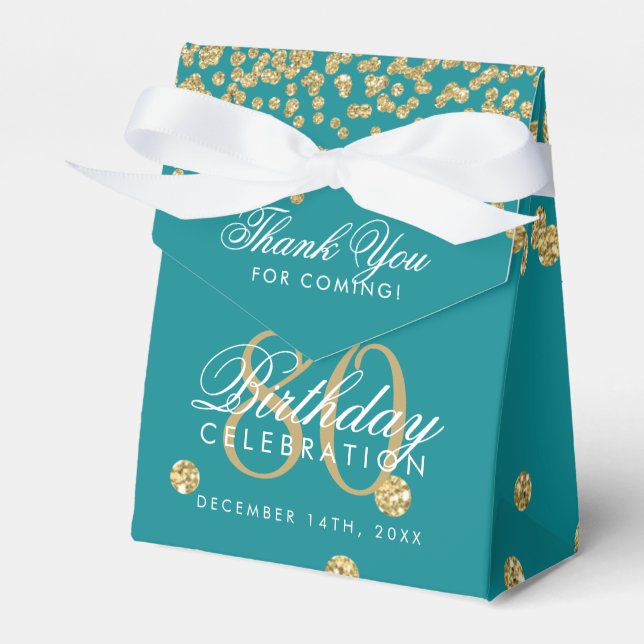 Gold Teal 80th Birthday Thank You Confetti Favor Box (Front Side)