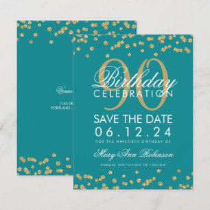 Gold Teal 90th Birthday Save Date Confetti Invitation