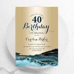 Gold Teal Agate 40th Birthday Invitation<br><div class="desc">Teal and gold agate 40th birthday party invitation. Elegant modern design featuring watercolor agate marble geode background,  faux glitter gold and typography script font. Trendy invite card perfect for a stylish women's bday celebration. Printed Zazzle invitations or instant download digital printable template.</div>