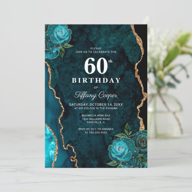 Gold Teal Agate 60th Birthday Invitation (Standing Front)