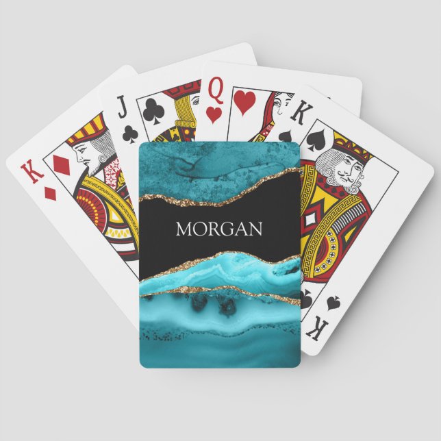 Gold & Teal Agate, Glitter, White Name on Black Playing Cards (Back)